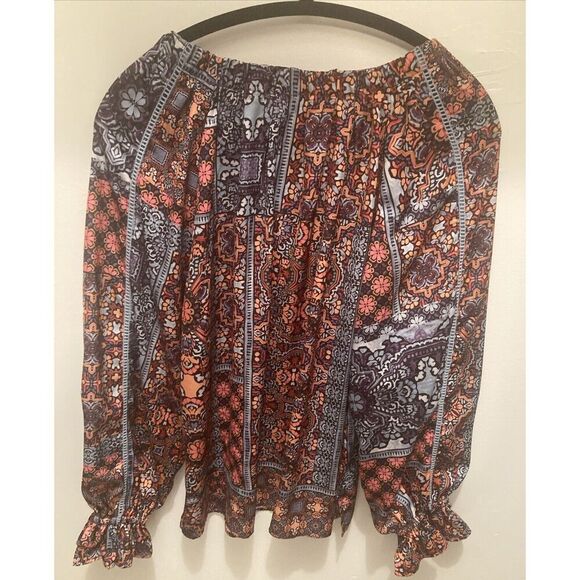 Democracy Boho Peasant Shirt Balloon Sleeves Orange Blue Geometric Floral Large - Picture 4 of 12